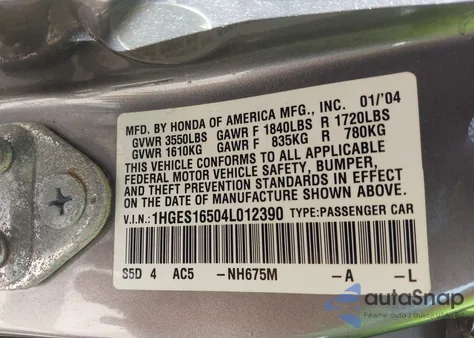 2004 Honda Civic Lx from USA, damaged, VIN 1HGES16504L012390